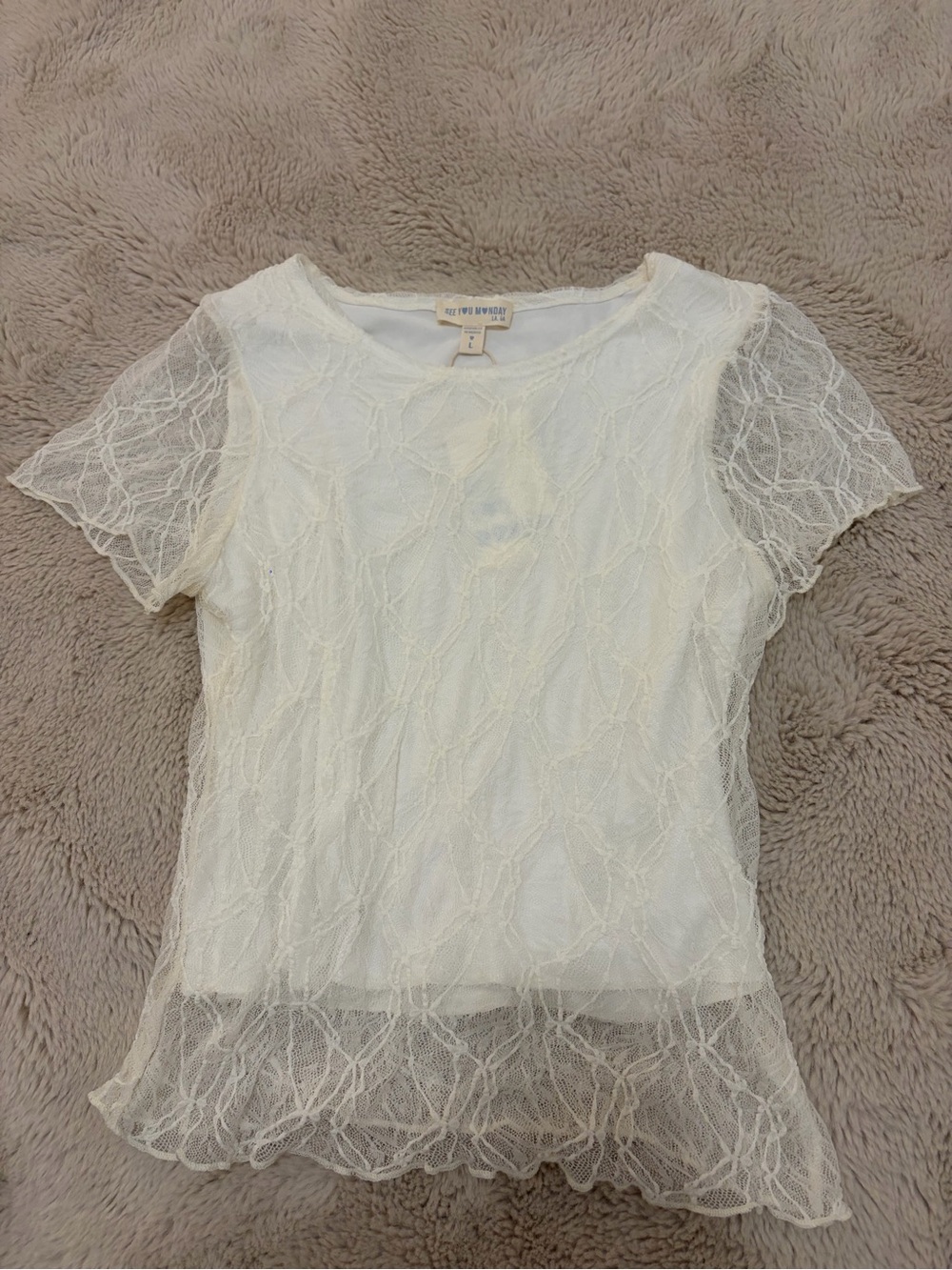 See You Monday Cream Lace Short Sleeve Overlay Top